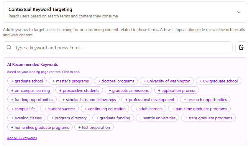 Contextual Keyword Targeting inside the campaign wizard showing 25 AI-recommended keywords pulled from the landing page, one-click add or add-all